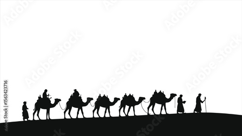 A silhouette of a camel caravan traverses the desert landscape