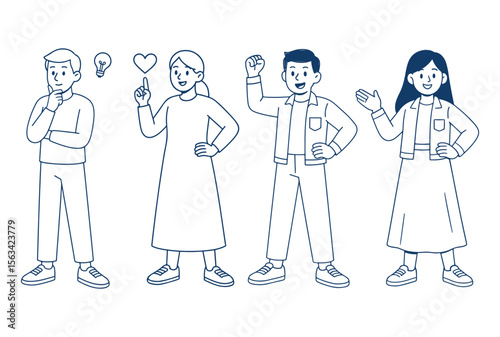 Group of diverse young people expressing ideas, questions, and confidence with hand-drawn minimal style characters.