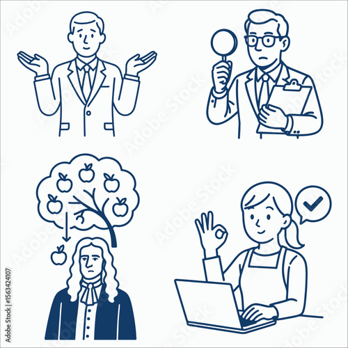 Educational and scientific character set showing discovery, learning, research, and approval symbols in a clean line-art style.
