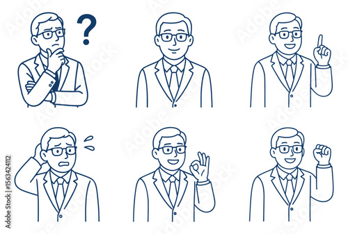 Set of hand-drawn businessman character expressions showing various emotions and gestures in a doodle-style illustration.