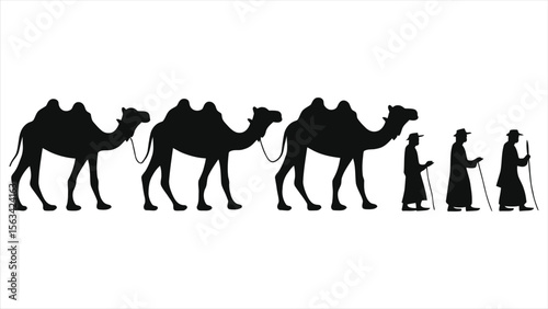 A silhouette of a caravan of camels and people walking across the desert