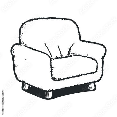 Hand-drawn plush armchair illustration with fluffy texture and wooden legs