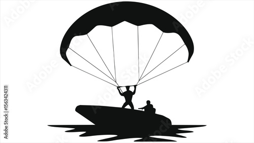 A silhouette of a parasailer being towed by a boat on the water, enjoying an extreme water sport
