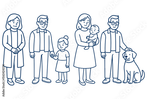 Happy family character set including adults, kids, and a pet dog in a cute hand-drawn, minimal line-art illustration style.