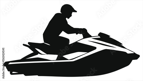 A lone silhouette of a person riding a jet ski on the water against a white background