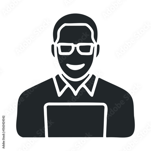 Silhouette of a caucasian male adult working on laptop with glasses