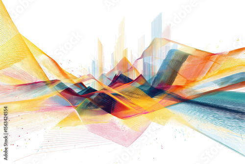 Digital generated image of abstract multi coloured growing diagram on white background. 