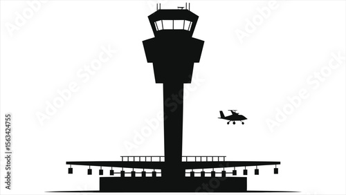 A black silhouette of an airport control tower with a helicopter flying nearby against a cloudy sky