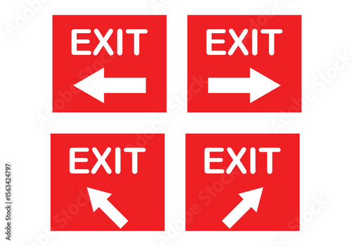 Red exit sign variations with directional arrows for emergency safety signage in public places, vector graphic illustration.