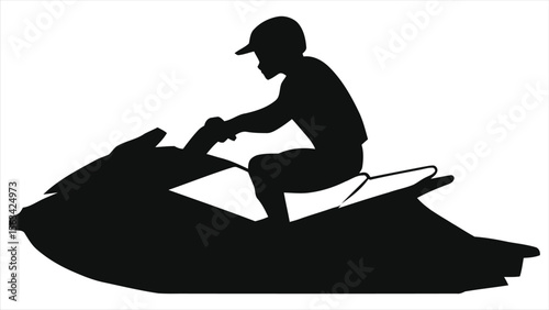 Silhouette of a person operating a jet ski./A simple, bold silhouette of a person operating a jet ski against a white background.