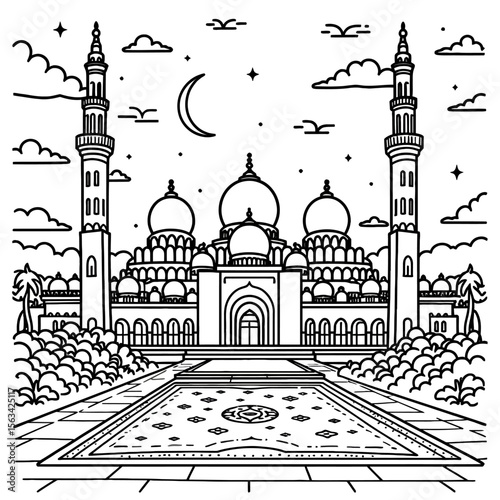 Sheikh Zayed Grand Mosque Abu Dhabi - Islamic Architecture Line Art, White Marble Domes, Arabic Calligraphy & UAE Landmark - Minimalist Black and White Illustration"