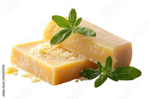 Parmesan cheese wedges with basil leaves gourmet food Italian cuisine dairy product isolated on a transparent background