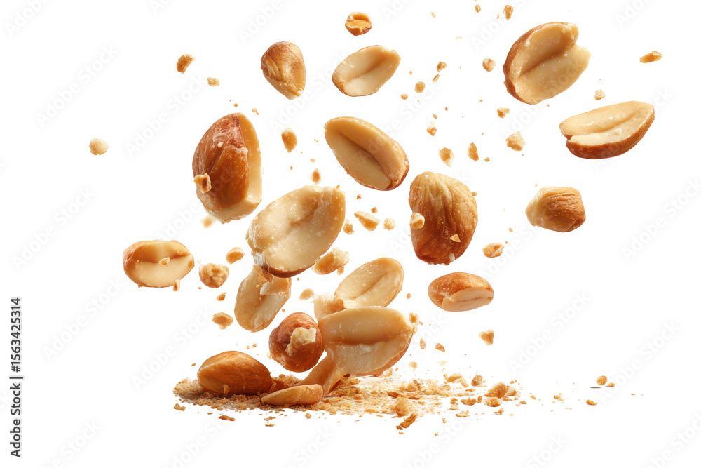 Naklejka premium Roasted peanuts falling on black background delicious snack food isolated on a transparent background