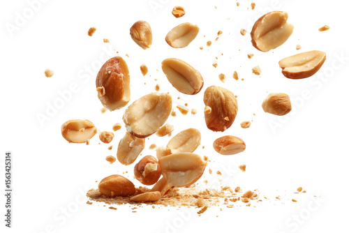 Roasted peanuts falling on black background delicious snack food isolated on a transparent background