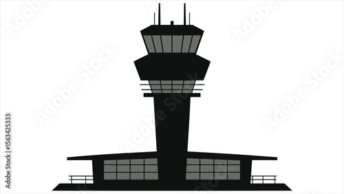 Simple Silhouette of an Airport Control Tower and Building/A clean, minimalist silhouette of an airport control tower and building against a white background.