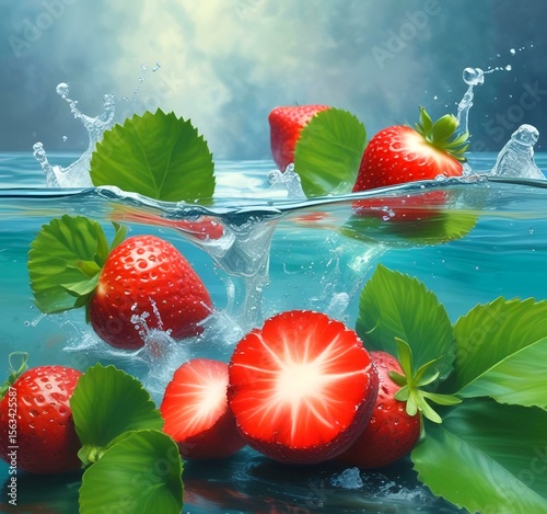 Illustration of strawberry slices splashing into cold water.