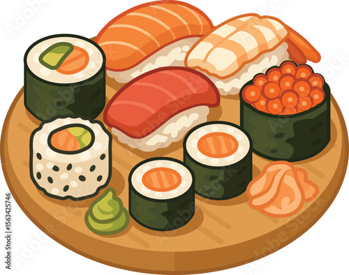 Illustration of Assorted Sushi on a Wooden Plate 