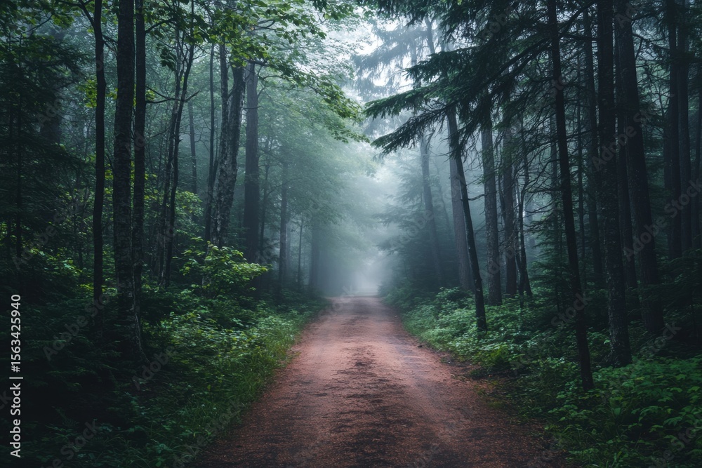Fototapeta premium Foggy dirt path surrounded by evergreen trees