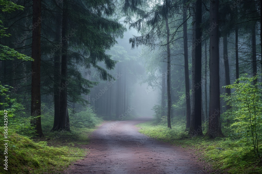 Fototapeta premium Forest pathway with fog and morning light
