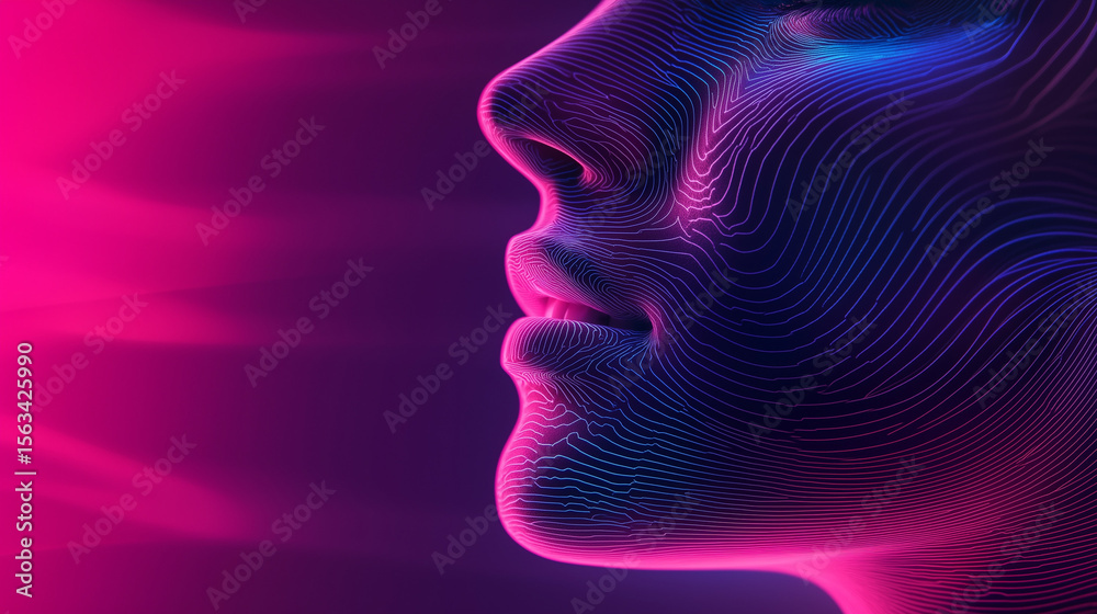 Obraz premium Digital human face rendered in glowing lines shows abstract futuristic technology and conceptual artificial intelligence.