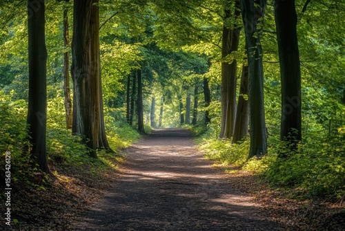 Tree tunnel path with lush greenery and light