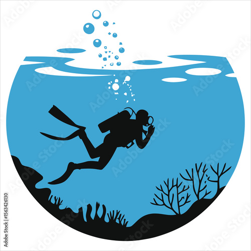 Silhouette of a scuba diver exploring the underwater world./A stylized, silhouette illustration of a scuba diver underwater.