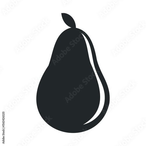 Simple black silhouette of pear with leaf on white background
