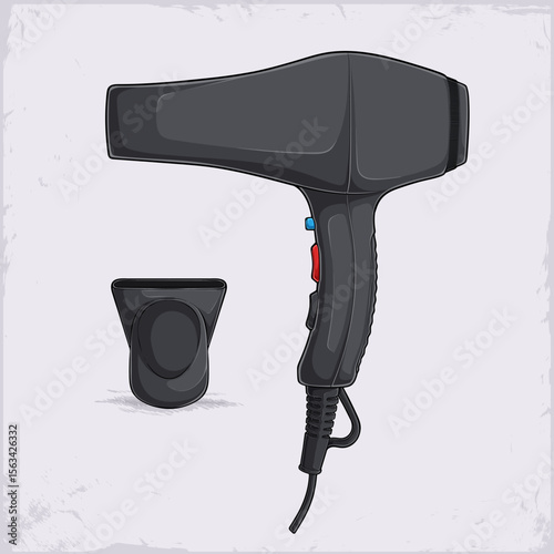 Hand drawn black hair dryer with cord, professional barbershop equipment for hairdressing, shaving and trimming