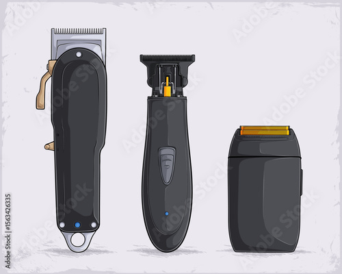 Hand drawn set of cordless hair clippers for hair and beard trim, professional barbershop equipment trimmer, foil shaver, clipper