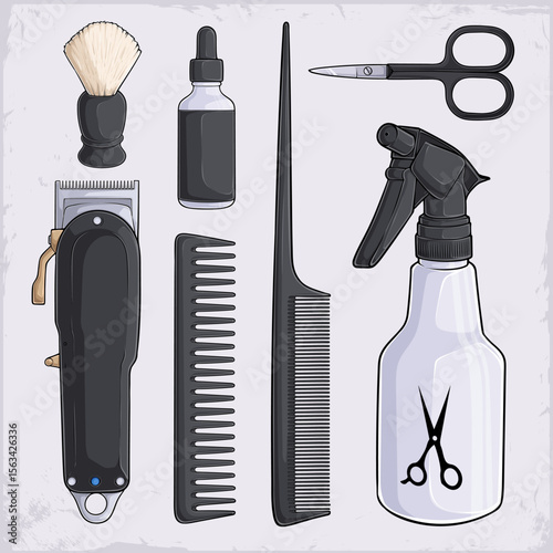 Hand drawn set of hairdressing tools, tail comb, eyebrow scissors, clipper, serum bottle, spray bottle  and more