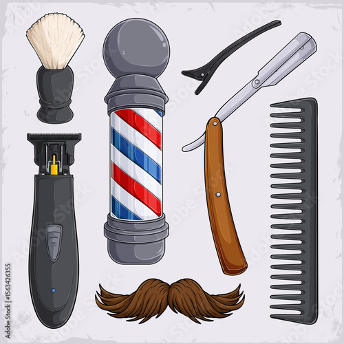 Hand drawn collection of barber tools, cordless trimmer, detangling comb, moustache, razor, barbers pole, shaving brush, alligator hairclip