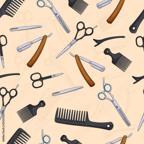 Hand drawn seamless pattern of barber tools, different scissors, pick comb, razor, thinner, alligator hairclip and more