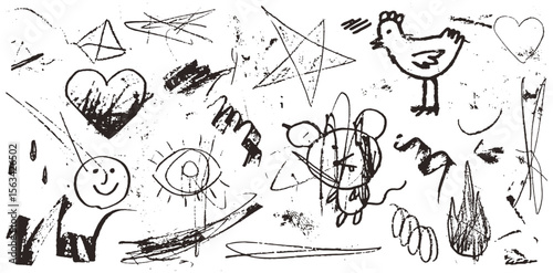 Crayon charcoal stroke scribble design elements. Chalk or pen hand drawn stickers. Vector messy drawings with grunge rough texture. Squiggle swirl line illustration set. Fun kid or child art sketch.
