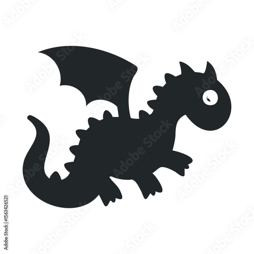 Whimsical black silhouette of a cute cartoon dragon with wings