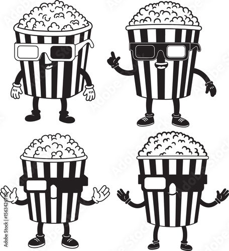 Popcorn Bucket Wearing 3D Glasses Movie Snack Silhouette vector illustration