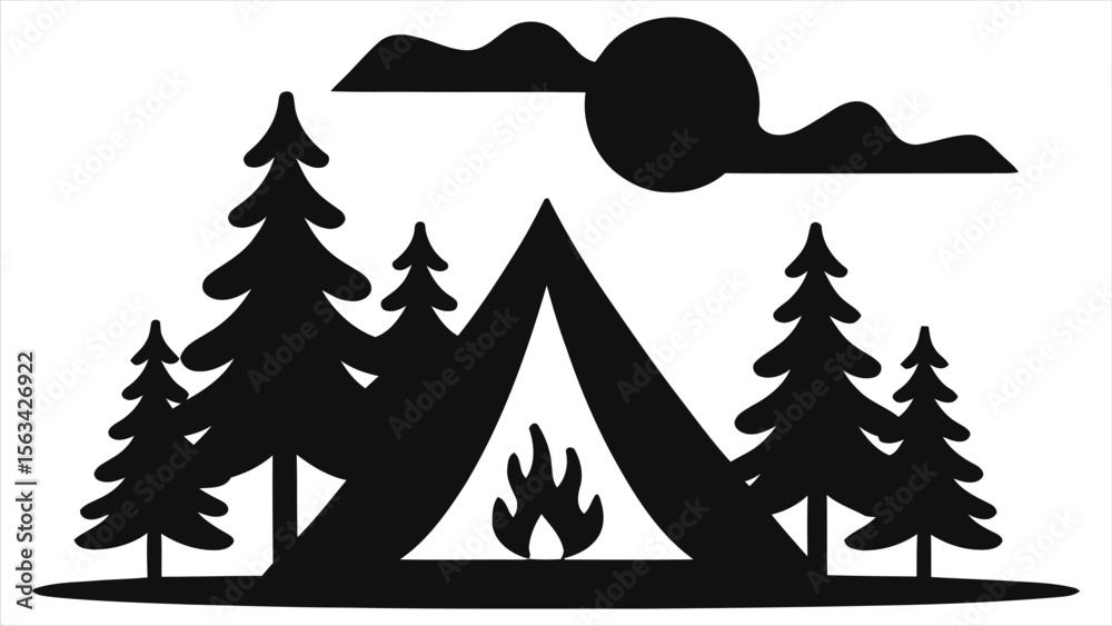 Obraz premium Simple camping scene silhouette logo/A black and white silhouette of a campsite, featuring a tent, campfire, and fir trees under a simple sky with sun and clouds.