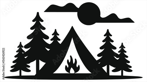 Simple camping scene silhouette logo/A black and white silhouette of a campsite, featuring a tent, campfire, and fir trees under a simple sky with sun and clouds.
