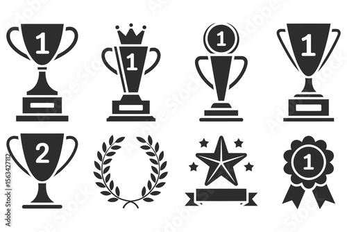 Set of gold and silver trophy cups, champion awards icons symbolizing sporting victory, achievement, success and triumph


