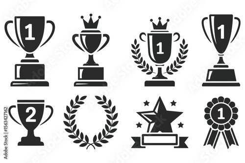 Set of gold and silver trophy cups, champion awards icons symbolizing sporting victory, achievement, success and triumph

