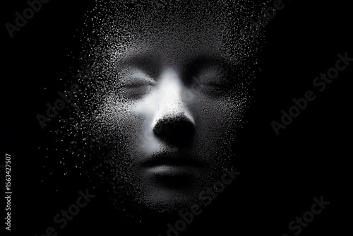 AI robot face appearing by formation of particle data on a black background. 
