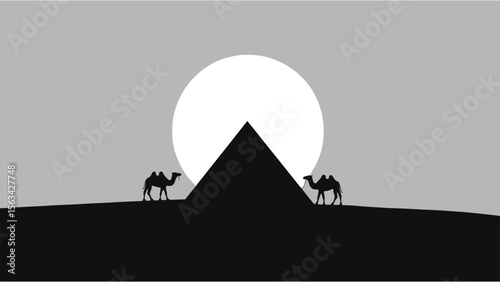 Silhouette of camels near a pyramid at sunset/A serene silhouette of two camels near an ancient pyramid under a large, glowing sunset.