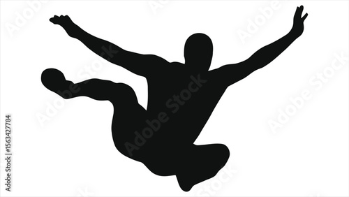 Silhouette of a person jumping against a white background/A dynamic silhouette of a person mid-leap, arms and legs outstretched against a plain light background.