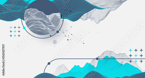 The abstract wave is made in a frame style. Template for science and technology presentation. Vector art.