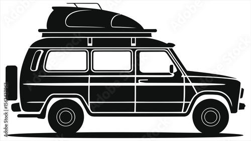 Silhouette of a rugged vehicle with roof cargo box./A simple, black silhouette of a 4x4 style van or SUV with a roof-mounted cargo box.