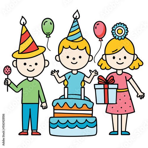 Kids Birthday Party Doodle Colorful Cake, Candles, and Festive Fun