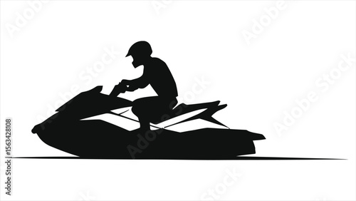 Silhouette of a Person Riding a Jet Ski on a White Background/This simple silhouette depicts a person riding a jet ski against a pale, white background.
