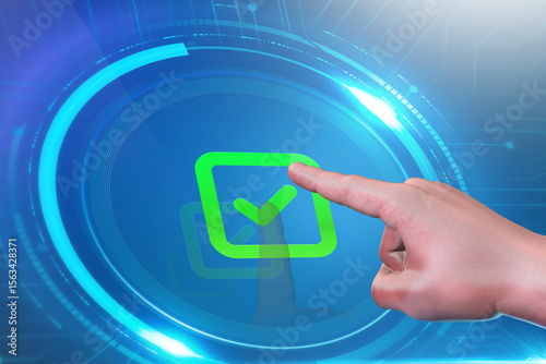 hand pushing validate button on touch screen interface