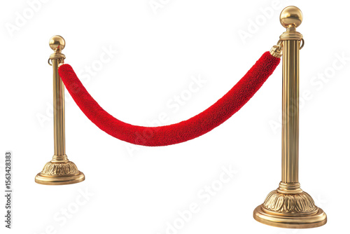 Golden stanchions and red velvet rope barrier VIP access exclusive event isolated on a transparent background