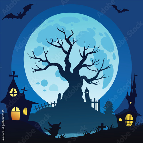 Halloween Illustration with Bats and Scary Scarecrow