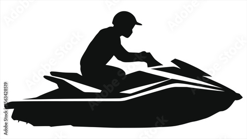 Silhouette of a person riding a jet ski./A simple silhouette of a person operating a jet ski against a white background.
